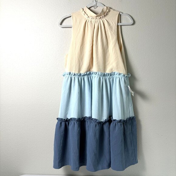 One One Six Dresses & Skirts - One One Six Dress Size S Blue Cream Tiered Open Back Tie Neck Boho Cottage